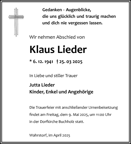 Traueranzeige von Klaus Lieder von Norddeutsche Neueste Nachrichten