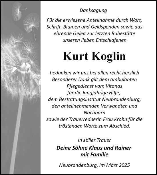 Traueranzeige von Kurt Koglin von Nordkurier Neubrandenburger Zeitung