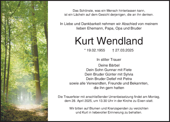 Traueranzeige von Kurt Wendland von Norddeutsche Neueste Nachrichten