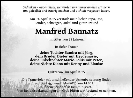 Traueranzeige von Manfred Bannatz von Nordkurier Demminer Zeitung