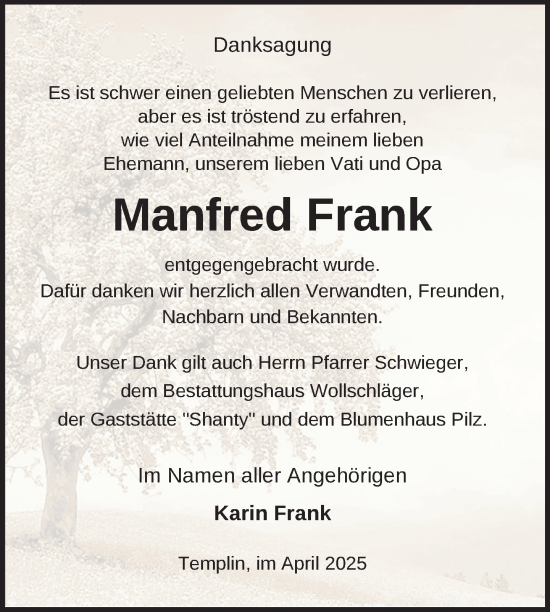 Traueranzeige von Manfred Frank von Uckermark Kurier Templiner Zeitung