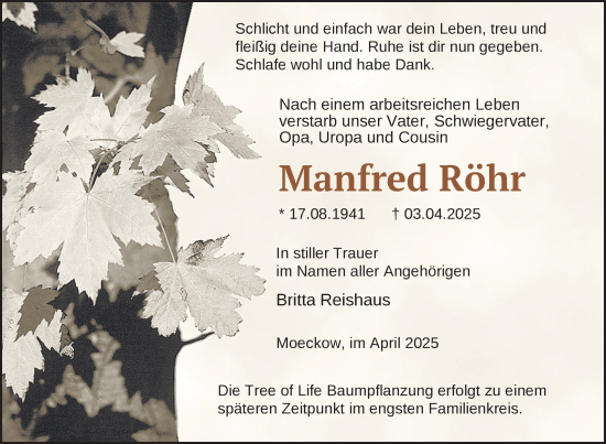 Traueranzeige von Manfred Röhr von Nordkurier Vorpommern Kurier