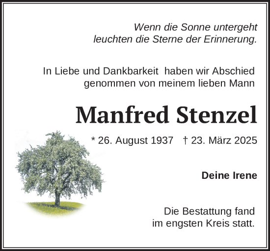 Traueranzeige von Manfred Stenzel von Zeitung für die Landeshauptstadt