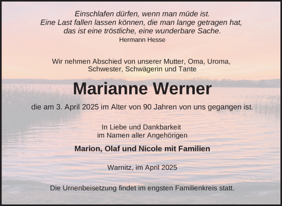Traueranzeige von Marianne Werner von Uckermark Kurier Prenzlauer Zeitung