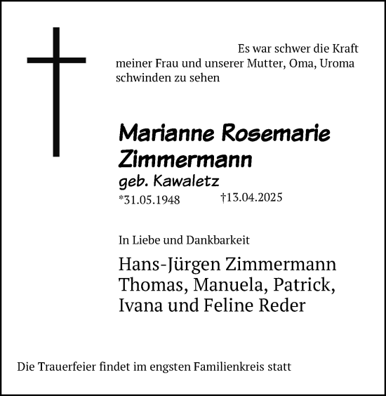 Traueranzeige von Marianne Rosemarie Zimmermann von Norddeutsche Neueste Nachrichten