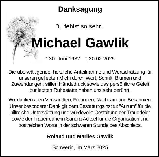 Traueranzeige von Michael Gawlik von Zeitung für die Landeshauptstadt