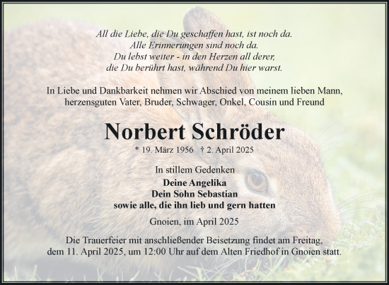 Traueranzeige von Norbert Schröder von Nordkurier Mecklenburger Schweiz