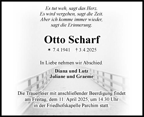 Traueranzeige von Otto Scharf von Parchim und Lübz