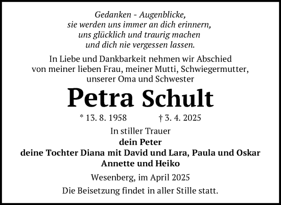 Traueranzeige von Petra Schult von Nordkurier Strelitzer Zeitung