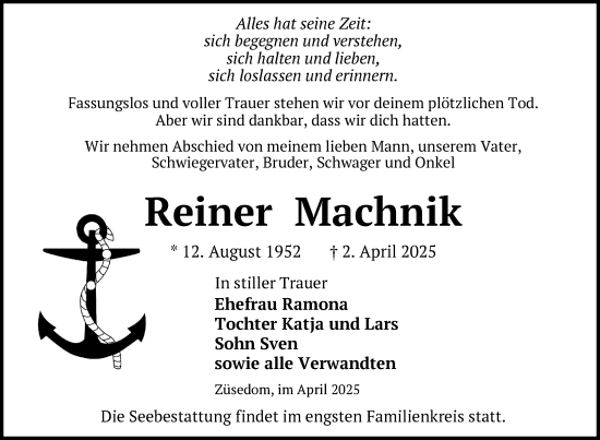 Traueranzeige von Reiner Machnik von Nordkurier Pasewalker Zeitung