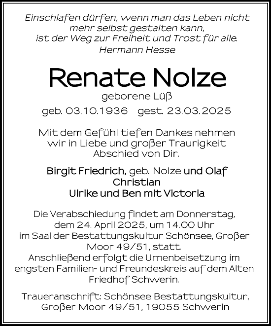 Traueranzeige von Renate Nolze von Zeitung für die Landeshauptstadt