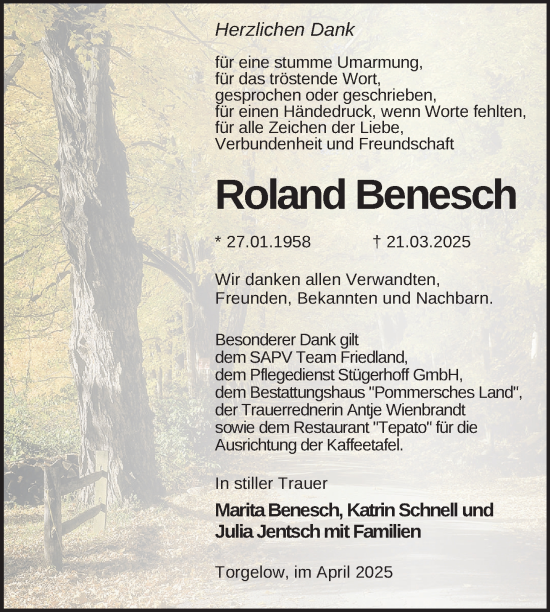 Traueranzeige von Roland Benesch von Nordkurier Haff-Zeitung