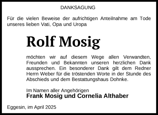Traueranzeige von Rolf Mosig von Nordkurier Haff-Zeitung