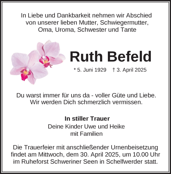 Traueranzeige von Ruth Befeld von Zeitung für die Landeshauptstadt