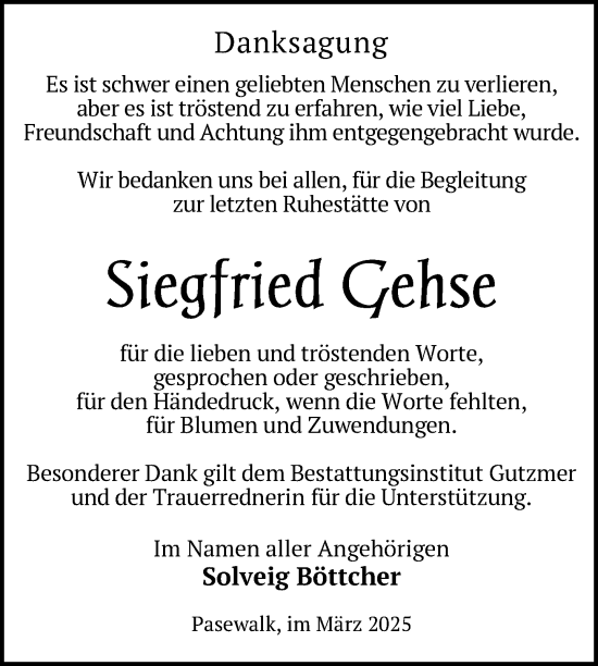 Traueranzeige von Siegfried Gehse von Nordkurier Pasewalker Zeitung