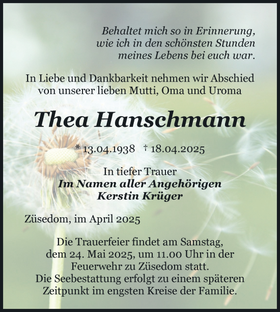 Traueranzeige von Thea Hanschmann von Nordkurier Pasewalker Zeitung