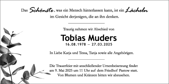 Traueranzeige von Tobias Muders von Norddeutsche Neueste Nachrichten