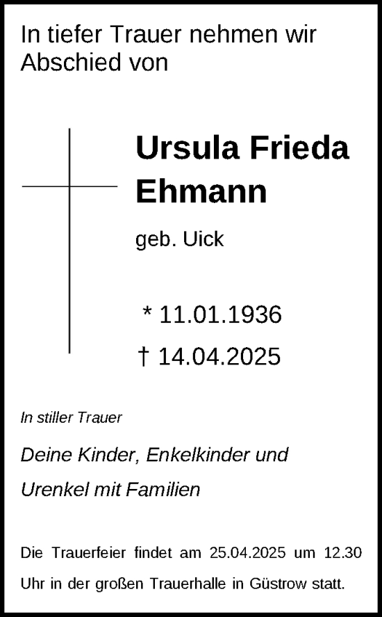 Traueranzeige von Ursula Frieda Ehmann von Güstrow und Bützow