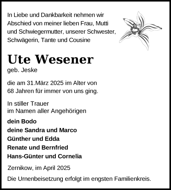 Traueranzeige von Ute Wesener von Uckermark Kurier Prenzlauer Zeitung