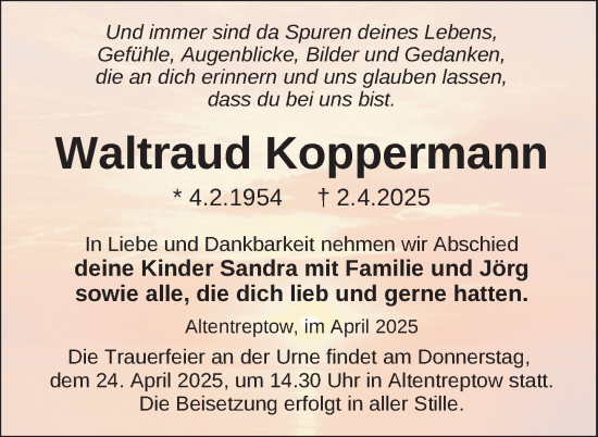 Traueranzeige von Waltraud Koppermann von Nordkurier Neubrandenburger Zeitung