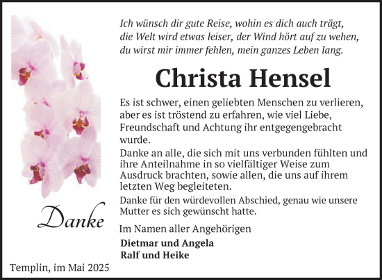 Traueranzeige von Christa Hensel von Uckermark Kurier Templiner Zeitung