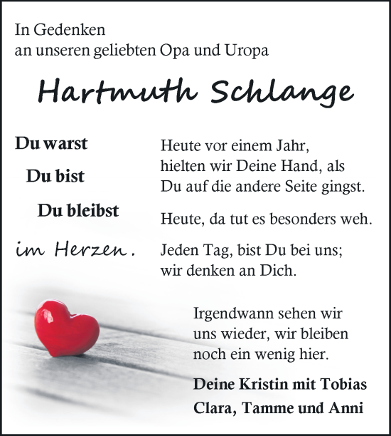 Traueranzeige von Hartmuth Schlange von Nordkurier Müritz-Zeitung