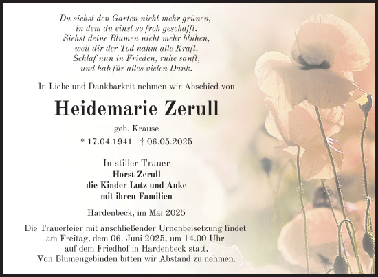 Traueranzeige von Heidemarie Zerull von Uckermark Kurier Templiner Zeitung