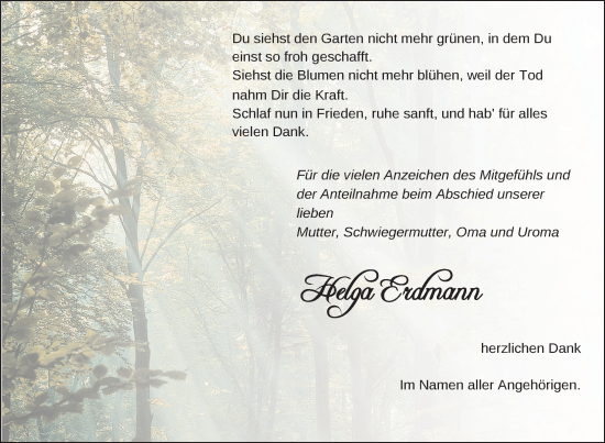 Traueranzeige von Helga Erdmann von Nordkurier Strelitzer Zeitung