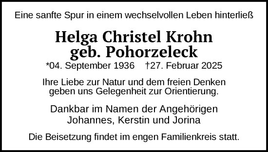 Traueranzeige von Helga Christel Krohn von Zeitung für die Landeshauptstadt