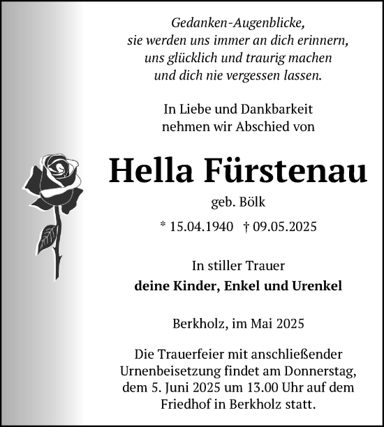 Traueranzeige von Hella Fürstenau von Uckermark Kurier Templiner Zeitung