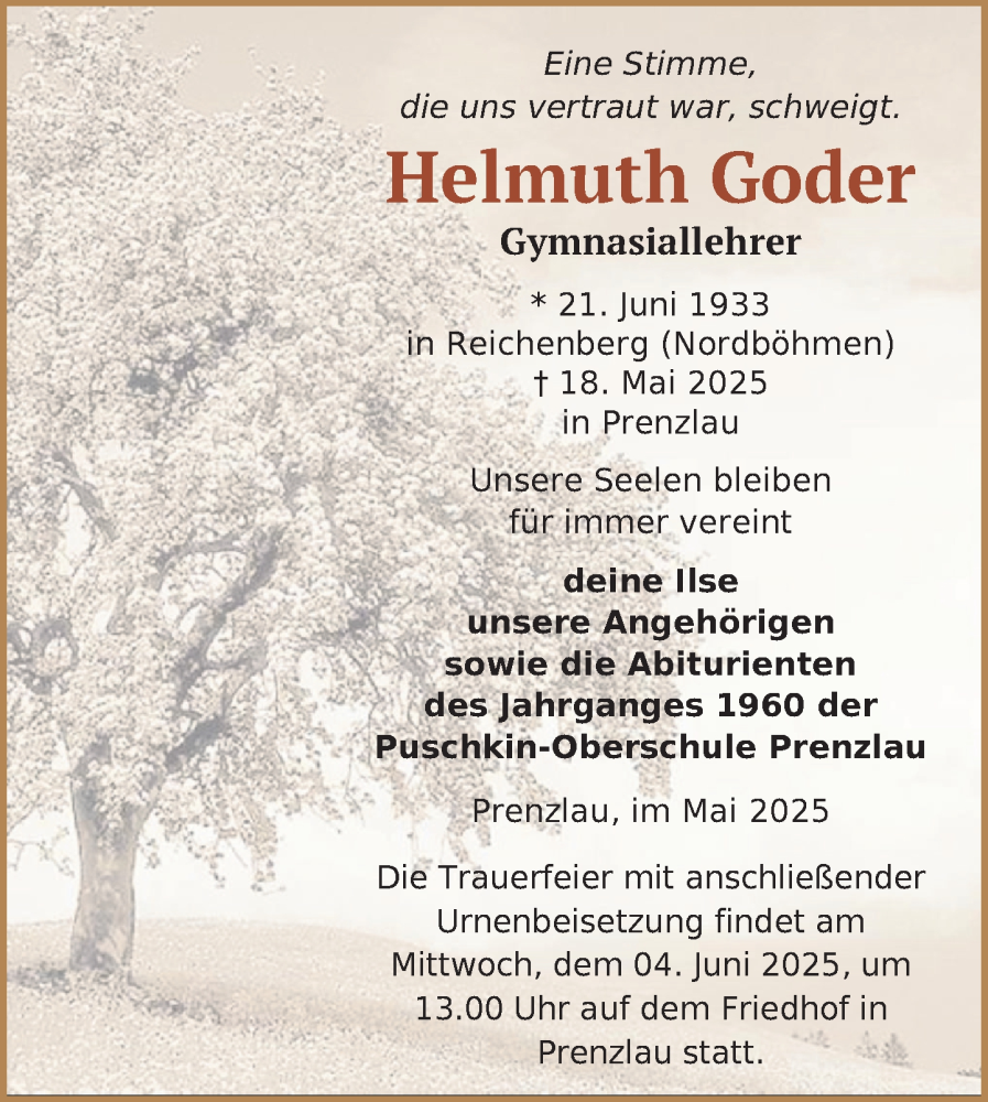  Traueranzeige für Helmuth Goder vom 24.05.2025 aus Uckermark Kurier Prenzlauer Zeitung