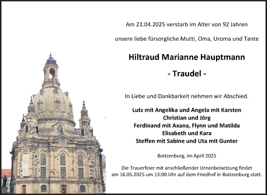 Traueranzeige von Hiltraud Marianne Hauptmann von Uckermark Kurier Templiner Zeitung