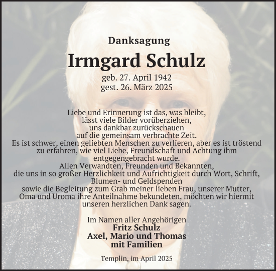 Traueranzeige von Irmgard Schulz von Uckermark Kurier Templiner Zeitung