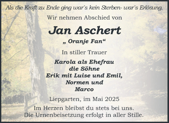 Traueranzeige von Jan Aschert von Nordkurier Haff-Zeitung