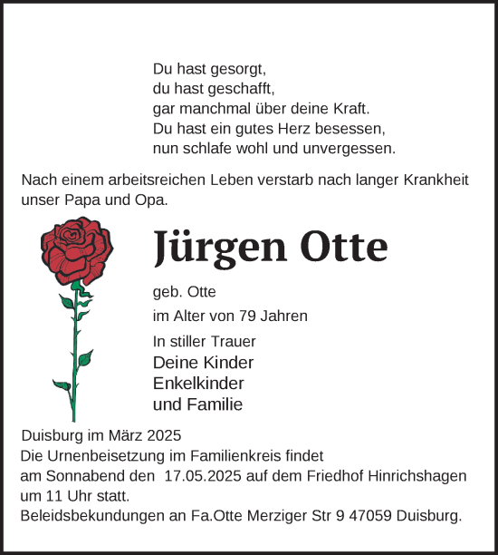 Traueranzeige von Jürgen Otte von Nordkurier Strelitzer Zeitung