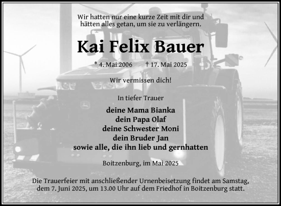 Traueranzeige von Kai Felix Bauer von Uckermark Kurier Templiner Zeitung