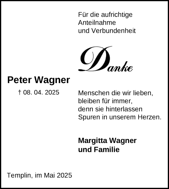 Traueranzeige von Peter Wagner von Uckermark Kurier Templiner Zeitung
