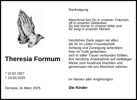 Traueranzeige von Theresia Formum von Uckermark Kurier Templiner Zeitung