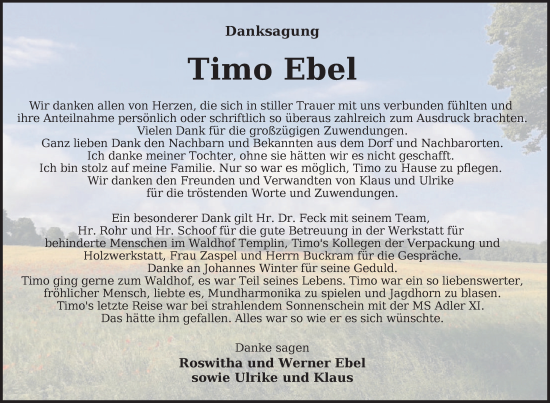 Traueranzeige von Timo Ebel von Uckermark Kurier Templiner Zeitung