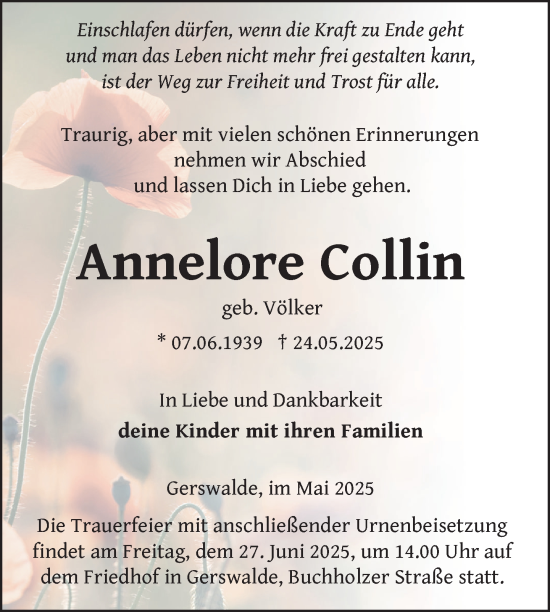 Traueranzeige von Annelore Collin von Uckermark Kurier Templiner Zeitung