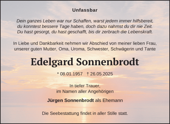 Traueranzeige von Edelgard Sonnenbrodt von Uckermark Kurier Templiner Zeitung