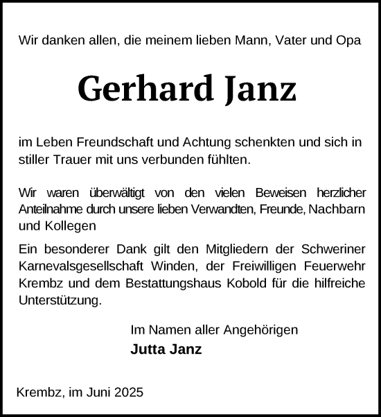 Traueranzeige von Gerhard Janz von Gadebusch - Rehnaer Zeitung