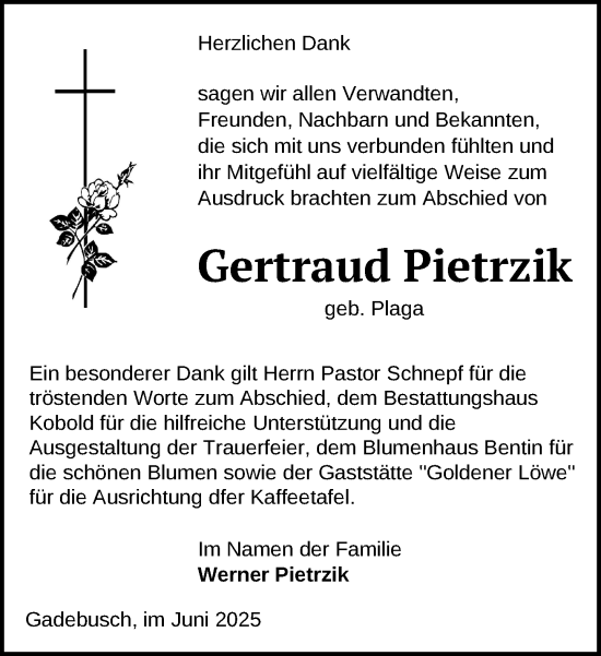 Traueranzeige von Gertraud Pietrzik von Gadebusch - Rehnaer Zeitung