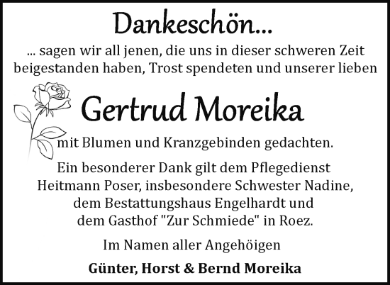 Traueranzeige von Gertrud Moreika von Nordkurier Müritz-Zeitung