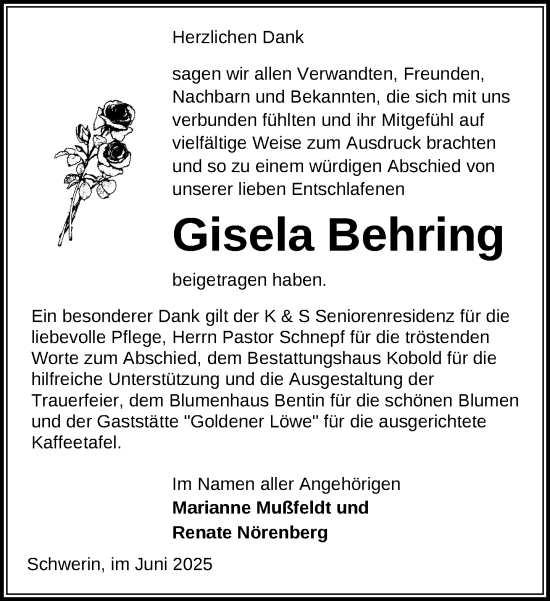 Traueranzeige von Gisela Behring von Zeitung für die Landeshauptstadt
