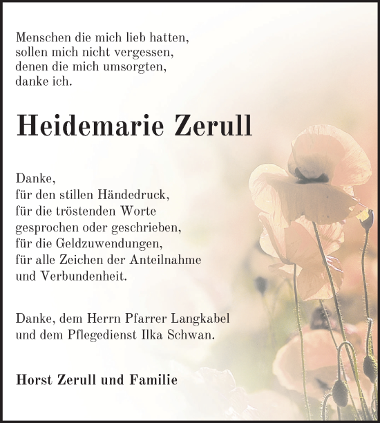 Traueranzeige von Heidemarie Zerull von Uckermark Kurier Templiner Zeitung