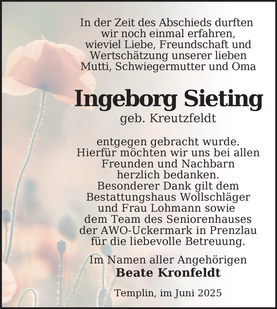  Traueranzeige für Ingeborg Sieting vom 28.06.2025 aus Uckermark Kurier Templiner Zeitung