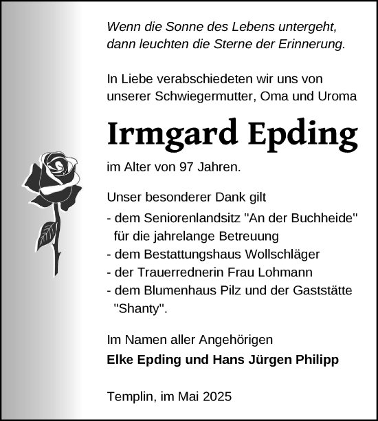Traueranzeige von Irmgard Epding von Uckermark Kurier Templiner Zeitung