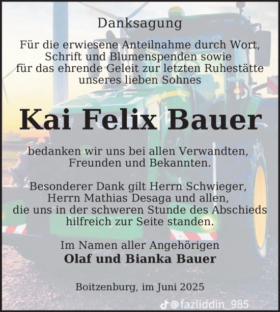 Traueranzeige von Kai Felix Bauer von Uckermark Kurier Templiner Zeitung