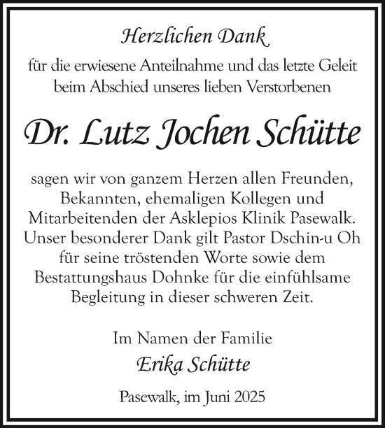 Traueranzeige von Lutz Jochen Schütte von Nordkurier Pasewalker Zeitung